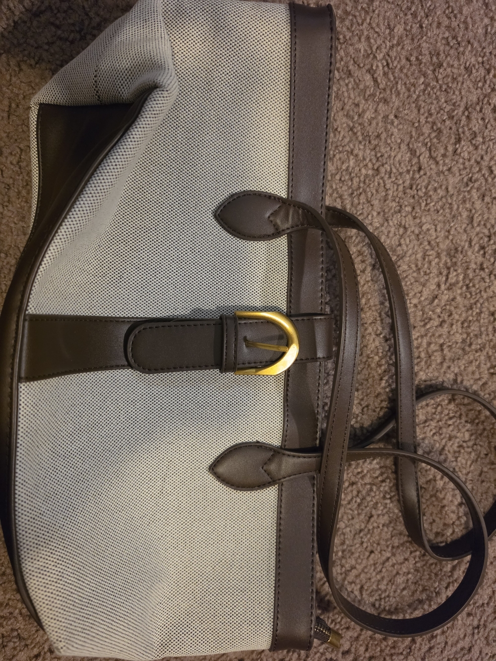 Miztique Cream Canvas Tote with Brown Leather Trim and Gold Buckle